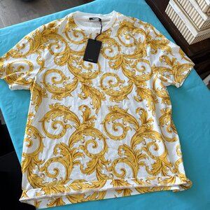 Versace Leafy Baroque Cotton Jersey T-Shirt Yellow Large 1019460 NWT $625